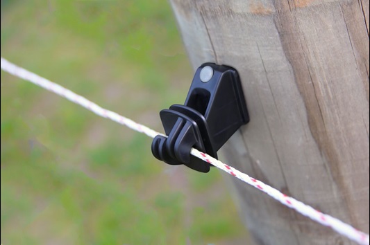 North America's Standard Wood Post Nail-on Claw Insulator on a wood fence post with turbo wire