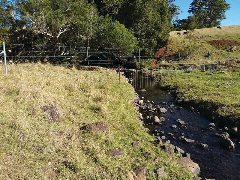 Use floodgates to fence livestock out of waterways and ravines
