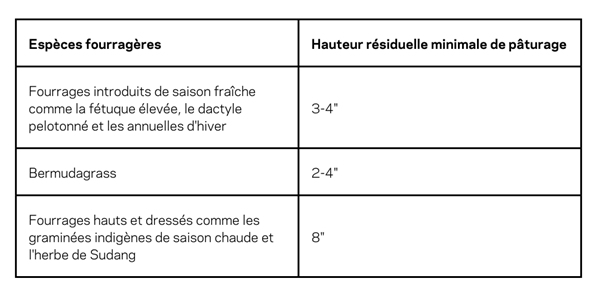 Hauteur résiduelle minimale de pâturage pour différentes espèces fourragères