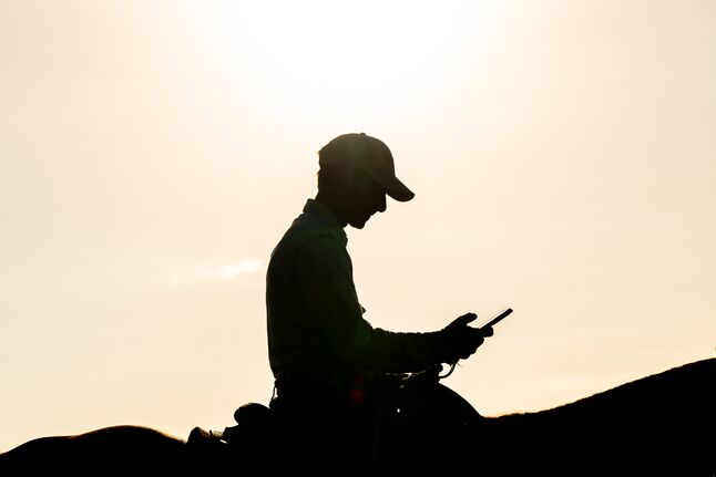 The silhouette of a rancher on a horse, he is holding a phone