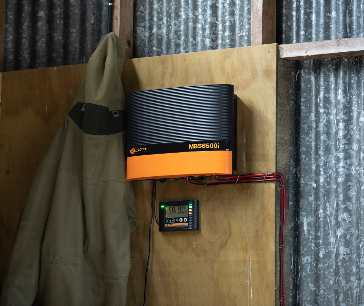 Image of the MBS6500i energizer set up in a farm shed